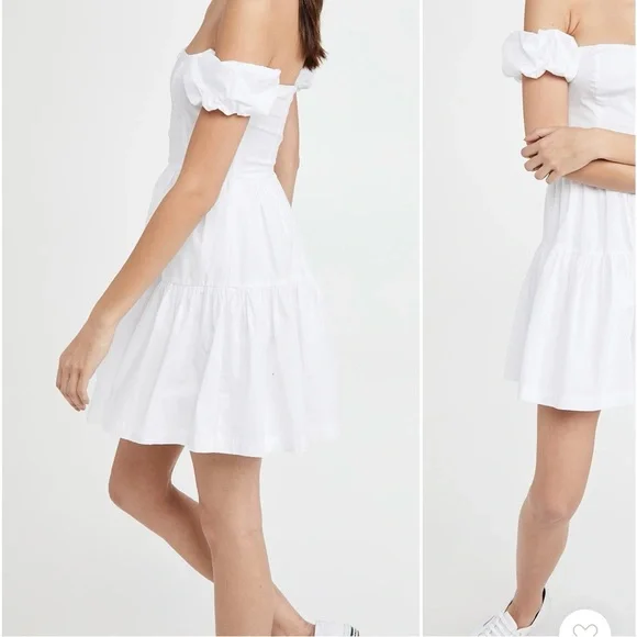 Staud Mini Elio Dress in White / Off The Shoulder Prairie Dress w/ Puffy Sleeves - Picture 3 of 13